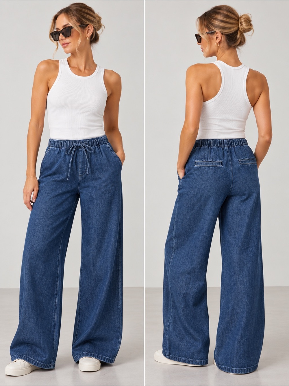 RW&CO. Wide-Leg Stretch Denim Pants Elastic Waist NWT M